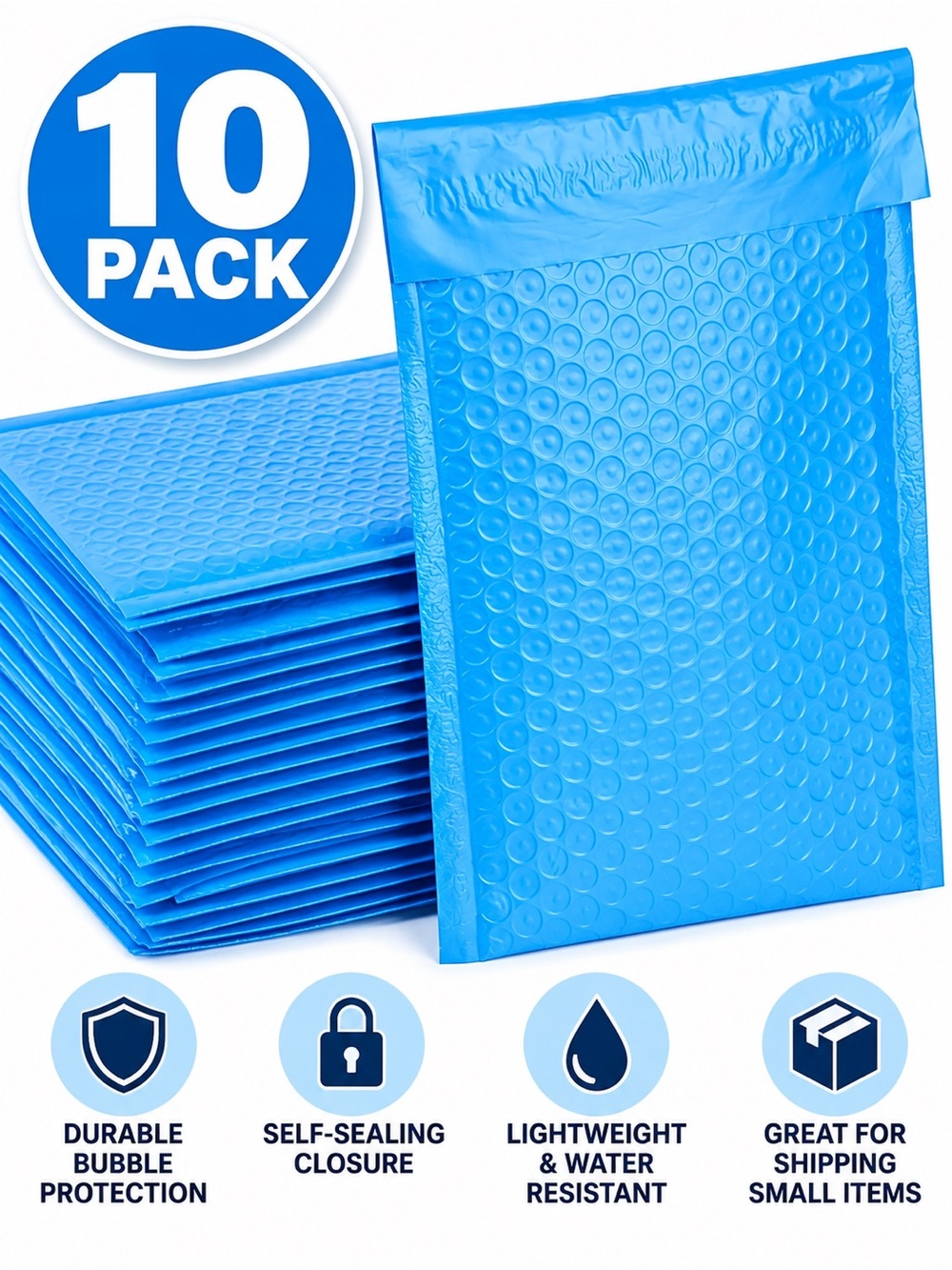 10 BLUE POLY BUBBLE MAILERS – 8.5” × 12”